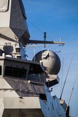 Army warship captain's cabin close-up. Ship tower with radar