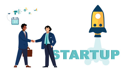 Infographics, Startup project project. Success of people with a handshake, comes up with an idea, starts a new business project among young people. Career advancement to success. Vector illustration