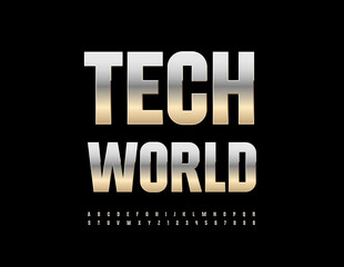 Vector metallic sign Tech World. Elegant Silver Font. Modern Steel Alphabet Letters and Numbers set