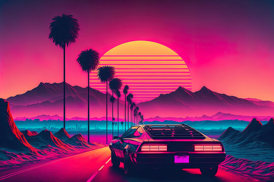Cyberpunk landscape with retrowave and synthwave at sunset