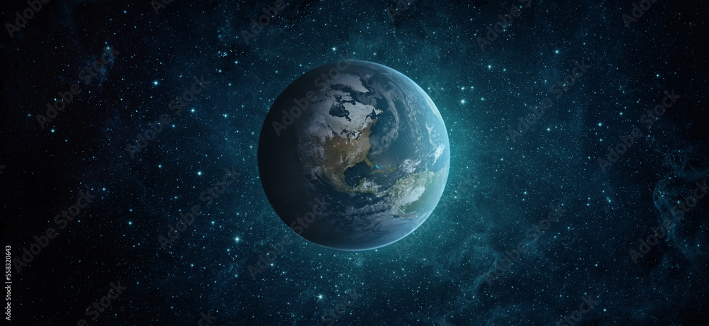 Wall mural panoramic view of the earth, star and galaxy. sunrise over planet earth, view from space. elements o