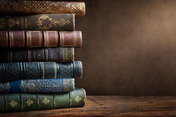 Fototapeta Old books on wooden desk and ray of light. Bookshelf history theme grunge background. Concept on the theme of history, nostalgia, old age. Retro style. Old book as a symbol of knowledge. obraz
