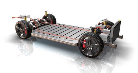 Modern generic electric vehicle chassis. All parts are visible. Environmental friendly. 3D Illustration Render.