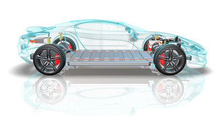 Environmental friendly electric vehicle moving forward. Battery pack cover is open. Sustainable energy. 3D Illustration Render.