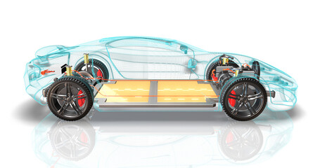 Modern generic electric vehicle chassis with wireframe body. All parts are visible. 3D Illustration Render. - obrazy, fototapety, plakaty