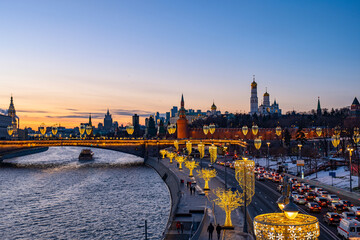 Moscow. Russia.  January 01, 2023: Moscow Kremlin, moscow river, Bolshoy kamenny bridge. Festive...