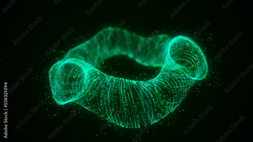 Poster futuristic dynamic wireframe green torus on dark background. the flow of scientific data. futuristic