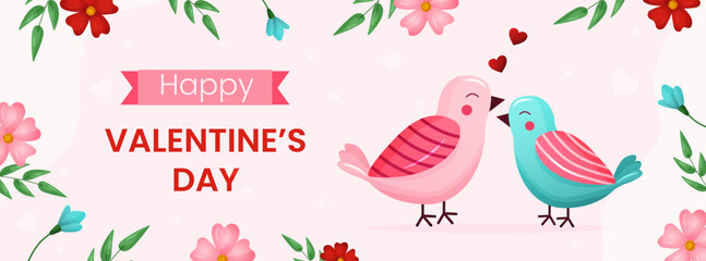 Vector horizontal template greeting card for valentines day. Happy couple birds in love on pink background illustration. Flyer for celebrate event and social media