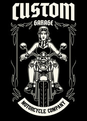 Black And White T-shirt design of Motorcycle Garage with Women Rider