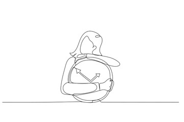 Drawing of businesswoman embrace clock feel sleepy and tired. One line art style