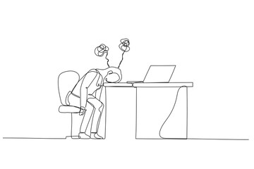 Fototapeta premium Cartoon of businesswoman tired lay head in chair looking tire and stress. Single line art style