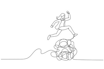 Illustration of businesswoman jumping over messy line metaphor of overcoming trouble and difficulty. Single continuous line art style