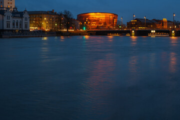 Red concert hall in night.