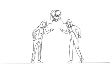 Illustration of businesswoman and colleague debating arguing concept of conflict. Continuous line art style