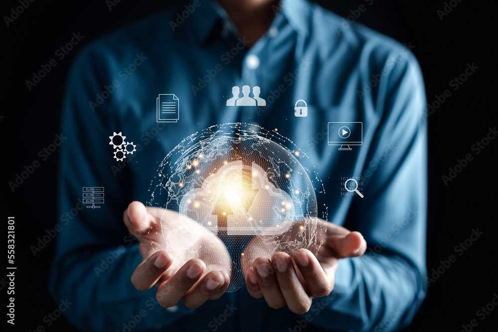 Poster businessman using computer planning development leadership and customer target group with business g