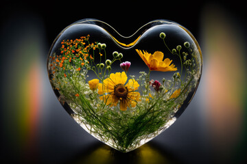 Glass heart with flowers. Love is like a flower, You have to treat it with care & respect to let it blossom. Generative AI