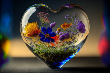 Glass heart with flowers. Love is like a flower, You have to treat it with care & respect to let it blossom. Generative AI
