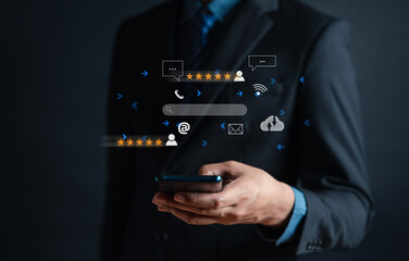 Businessman using smartphone on Search engine optimization system, SEO, Searching Browsing Internet Data Information Networking, find data on networking concept.