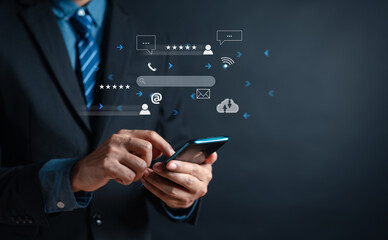Businessman using smartphone on Search engine optimization system, SEO, Searching Browsing Internet Data Information Networking, find data on networking concept.