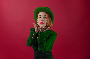 St. Patricks Day leprechaun model woman on white. Portrait of woman on Patricks Day celebration.