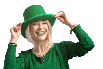 Beautiful smiling woman wearing green hat. St. Patrick's Day celebration. Green eye woman.