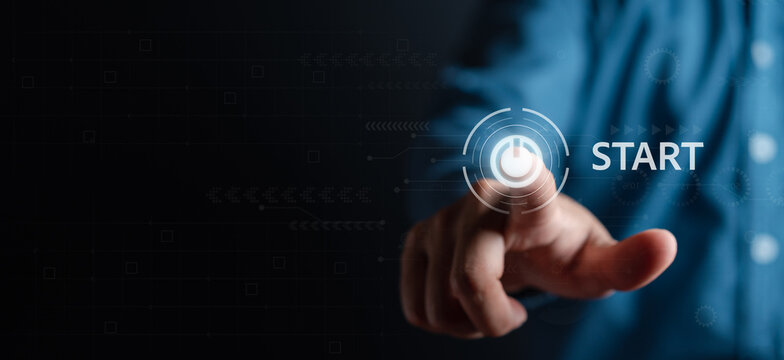 Businessman touching start button for strategy and action plan, targeting the business, investment growth and success development, achievement, goal, finance leadership and customer target group.