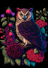Owl in flowers no background, great print or poster