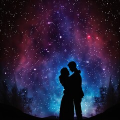 Silhouette of a romantic couple embracing against the starry night sky. 