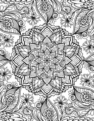 Ornamental mandala adult coloring book page. Zentangle style coloring page. Arabic, Indian ornament