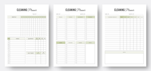 Daily Weekly Monthly Yearly Cleaning Schedule Planner. Cleaning Checklist Planner Template. Minimalist Planner Pages Templates. Cleaning Planner Template Design. Set of Planners. Eps10 vector. - obrazy, fototapety, plakaty