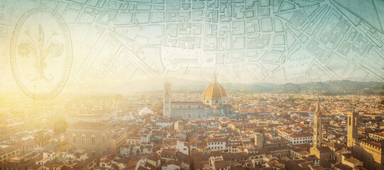 Florence sunset city skyline with Cathedral and bell tower Duomo. Florence, Italy. Overlay effect on vintage paper texture and old map of Florence.  Background on the theme of history, culture, etc.