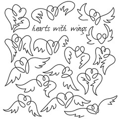 A set of hearts with wings in different poses. Contour lines with an inscription and text. 15 elements of hearts.