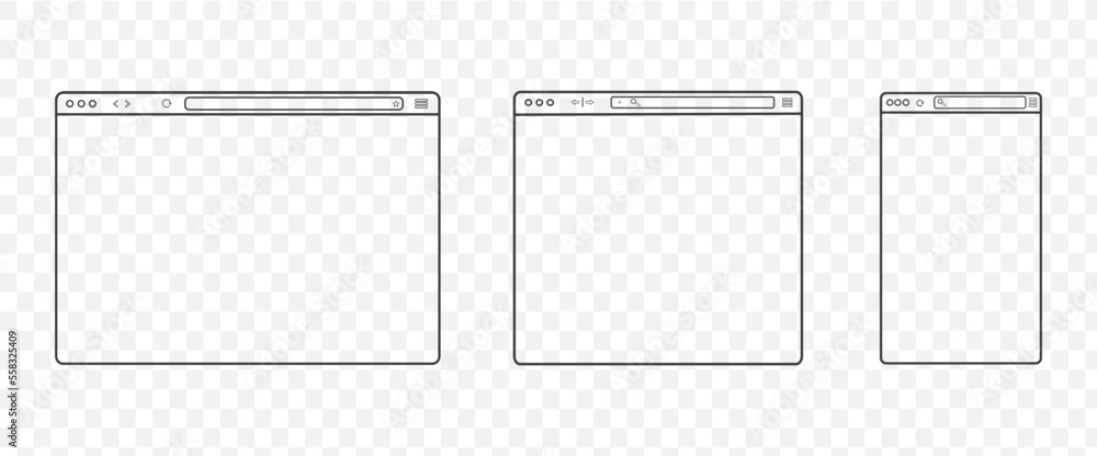 Fototapete Web browser mockup frame on transparent background. Outline transparent computer browser. Isolated blank website page. Simple design.  Stock Vector graphics