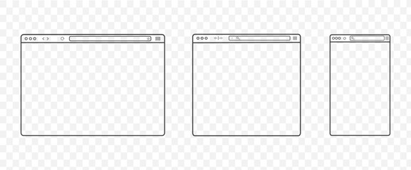 Web browser mockup frame on transparent background. Outline transparent computer browser. Isolated blank website page. Simple design.  Stock Vector graphics