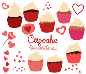 Sweet single cupcakes. Creamy muffins with decoration. Delicious food. Confectionery. Vector illustration of sweet pastries on a white background. illustration for a postcard