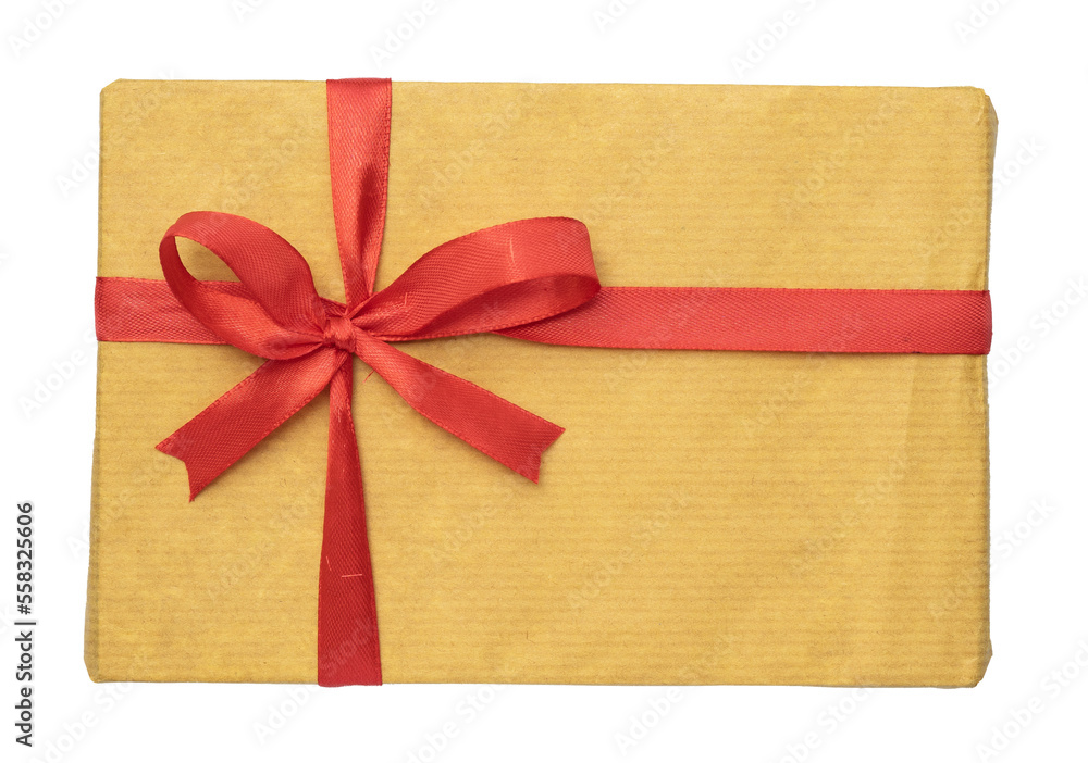 Poster yellow gift box with red ribbon bow isolated for design element