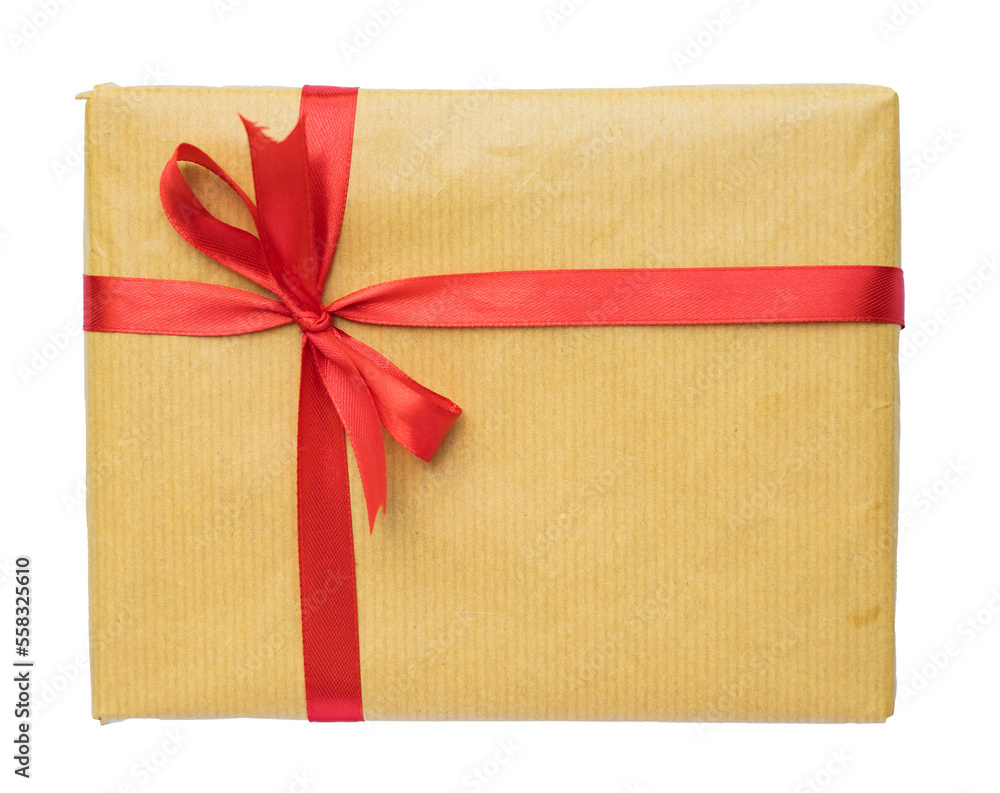Poster brown present with sweet bow. retro parcel with red ribbon for design element and mockups