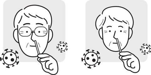 Covid19 coronavirus antigen self-test line icon or pictogram vector set. Old woman and old man holding nasal cotton swab from covid self test home kit. Covid antigen rapid test at home.