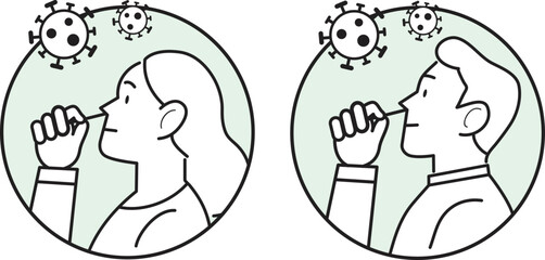 Covid19 coronavirus antigen self-test lien icon vector set. Woman and man holding nasal cotton swab from covid self test home kit. Covid antigen rapid test at home.