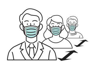 Fototapeta premium Line icon vector for covid preventive measures. Physical or social distancing group of persons wearing protective surgical masks with a distance arrow between them.