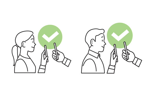 Line covid icons isolated vectors. Man and woman holding smartphone for digital sanitary pass checking. Health pass, eu green pass, qr code check, vaccine certificate or vaccine passport for travel.
