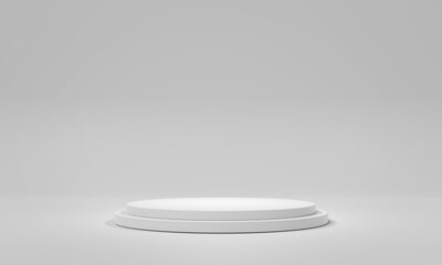 White stage podium background. Mockup of empty circular platform on white. Abstract geometric pedestal. 3D rendering