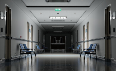Long dark hospital corridor with rooms and seats 3D rendering. Empty accident and emergency interior with bright lights lighting the hall from the ceiling