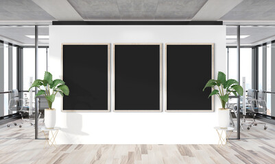 Three vertical frames Mockup hanging on wall. Mock up of billboards in modern wooden office interior 3D rendering