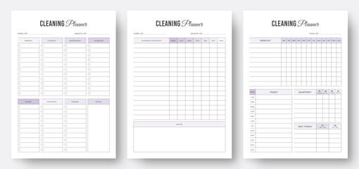 Cleaning Planner Template Design. Daily Weekly Monthly Yearly Cleaning Schedule Planner. Cleaning Checklist Planner. Minimalist Planner Pages Templates. Set of Planners. Organizer & Schedule Planner. - obrazy, fototapety, plakaty