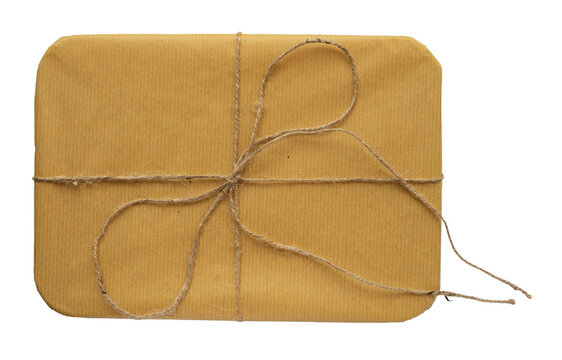 Brown gift box with rustic rope isolated