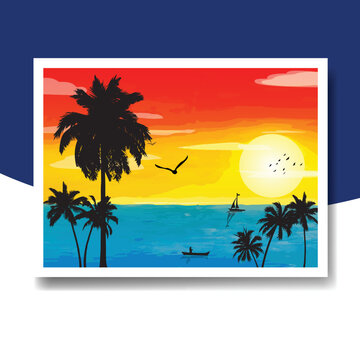 Nature Sea Beach sunset digital illustration vector art painting 