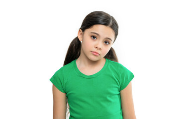 portrait of teen brunette girl in studio. teen brunette girl wearing green tshirt.