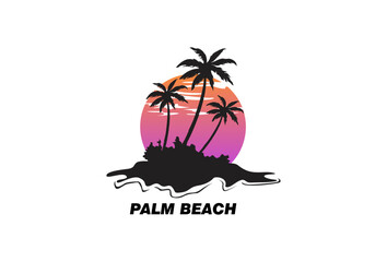 Palm Beach Logo Illustration. Water ocean waves with sun, palm tree and beach, for restaurant and hotel.