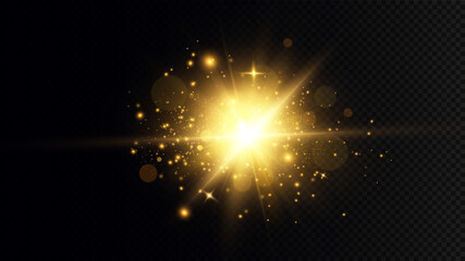 Golden particles of light. Golden light. Light flare.Stars isolated on transparent background.